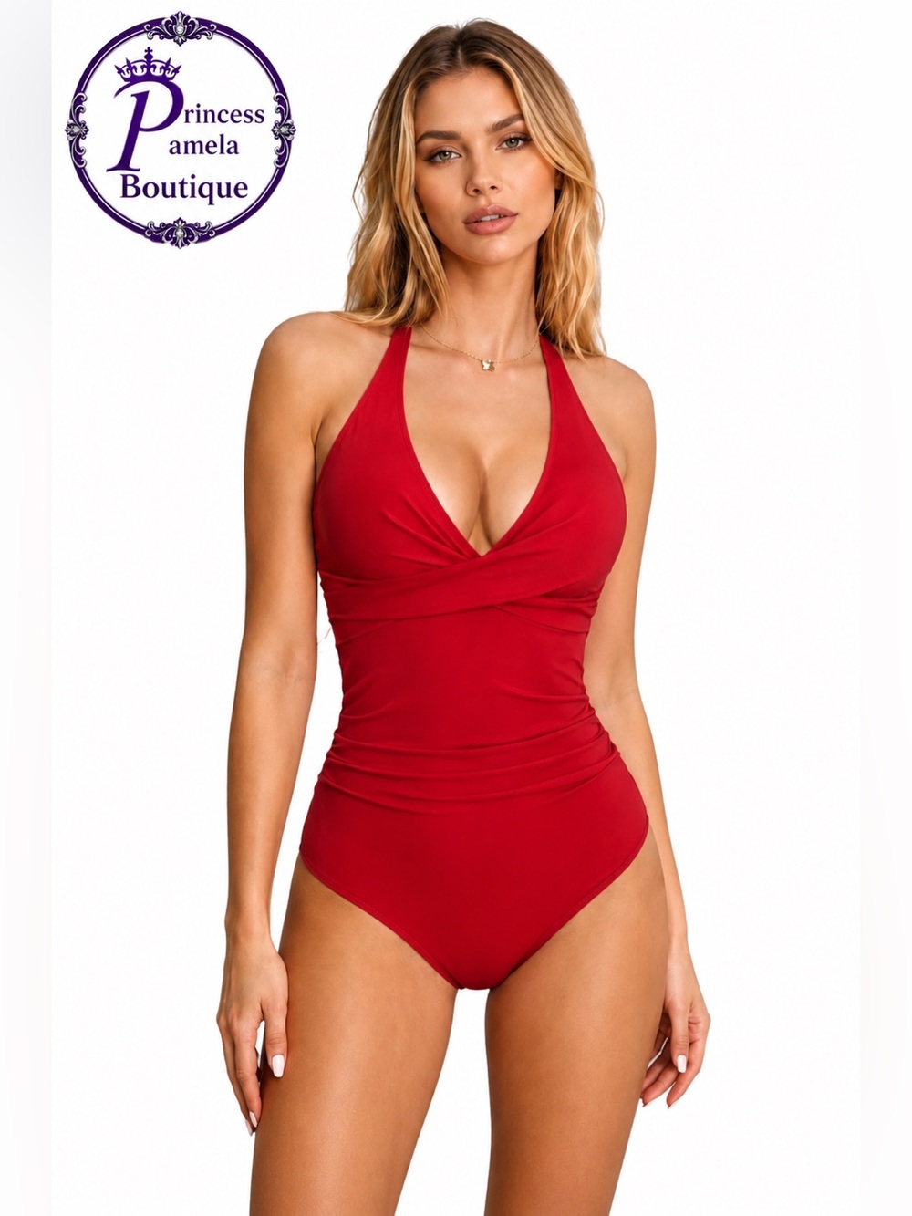 #S13 - Elegant Red Halter One-Piece Swimsuit-Small